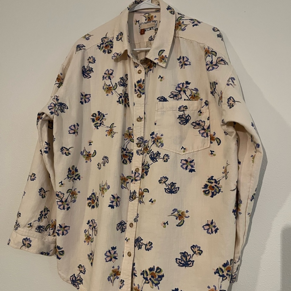 Anthropologie cotton floral ivory Cream button down shirt rodeo cowgirl medium